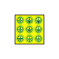 DT012b - Znak ochranné uzemnění v kruhu - arch 90ks  (průměr 20mm - žlutý podklad, zelený tisk)